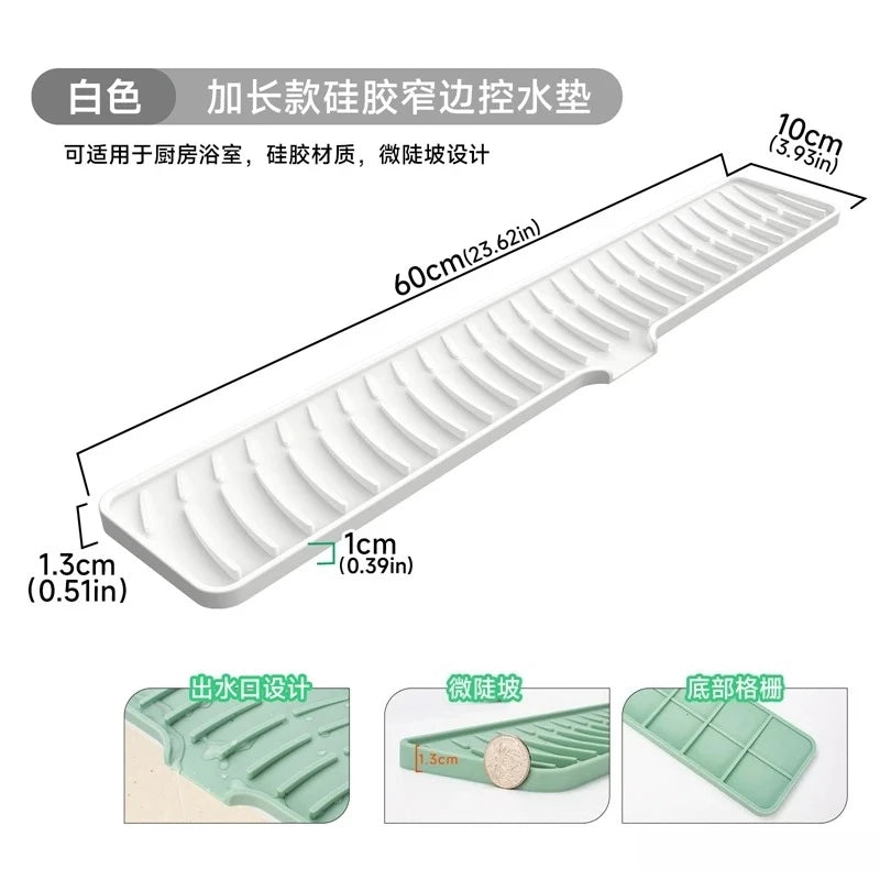 Sink Silicone Drain Mat Slope Diversion Water Pad Narrow Edge Water Control Mat Basin Splash Guard Pad Heat Resistant Drain Pad Peaceful Pleasures Health and Wellness white -L60W10cm silicone