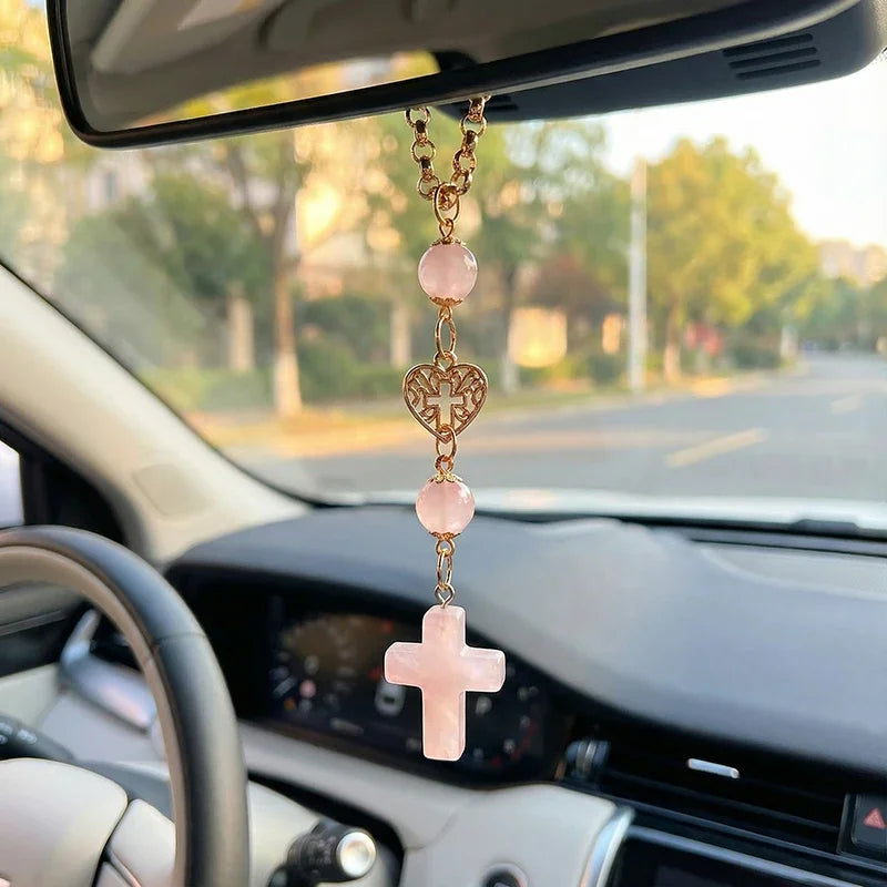 Rose Quartz Crystal Cross Rearview Mirror Charm | Car Decor