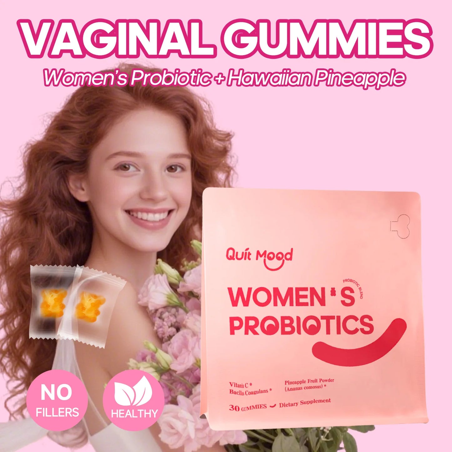 Quitmood Feminine Balance Gummies - Hawaiian Pineapple - Women's Probiotics- ph Balance - Individual Package - 30 Gummies Peaceful Pleasures Health and Wellness