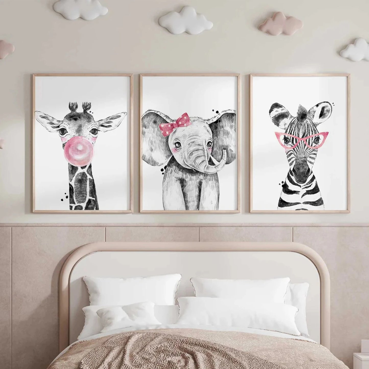 3-Piece Girls Safari Canvas Wall Art | Kids Room Decor Prints
