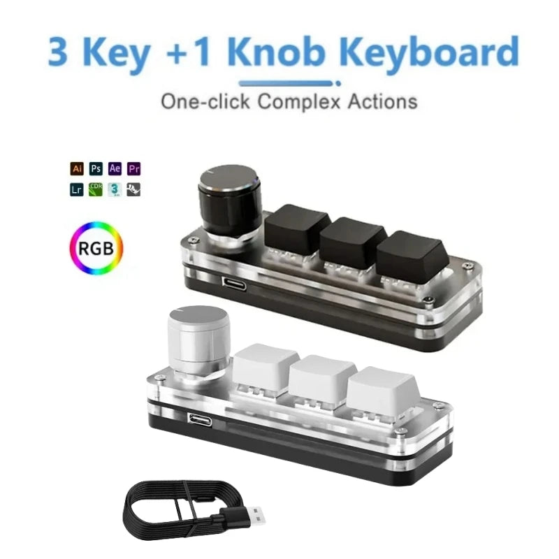 RGB Macro Mechanical Keypad – 3 Keys + 1 Knob, Programmable