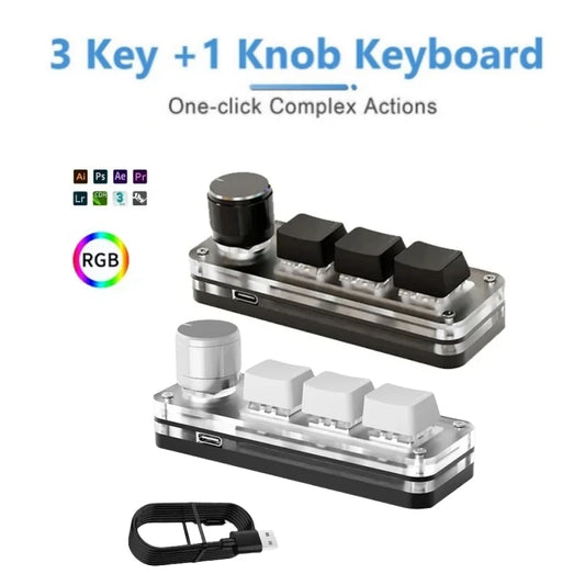 RGB Macro Mechanical Keypad – 3 Keys + 1 Knob, Programmable