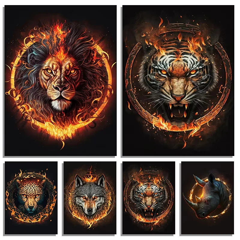 Fire Tiger Lion Wolf Canvas Wall Art | Wild Animals Poster