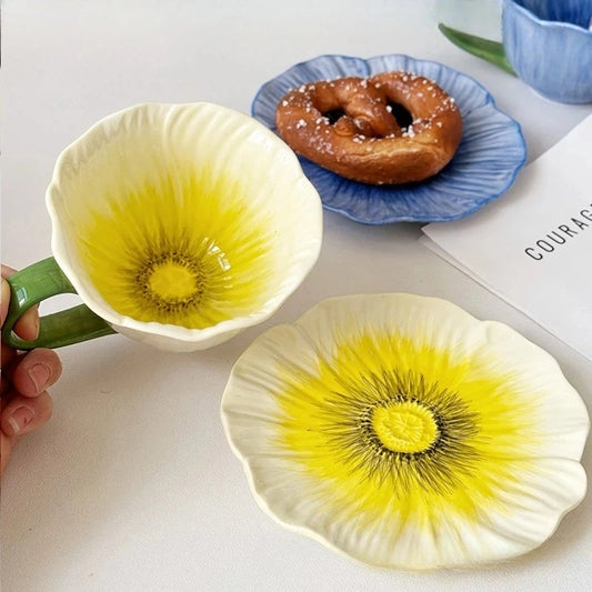 Creative Hand Painted Underglaze Flower Ceramic Coffee Cup and Plate French Retro Petal Afternoon Tea with Cup and Plate Gifts Peaceful Pleasures Health and Wellness