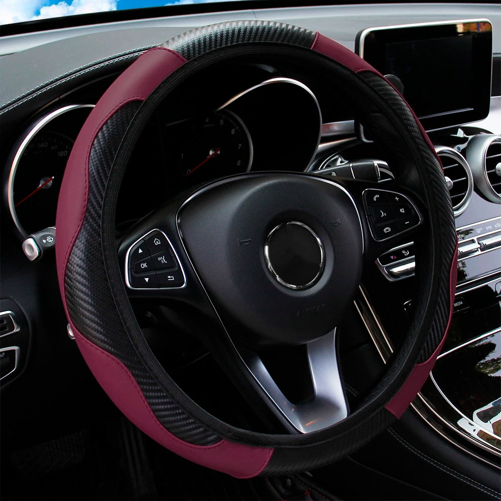 PU Carbon Fiber Steering Wheel Cover | 14.5–15 Inch Fit