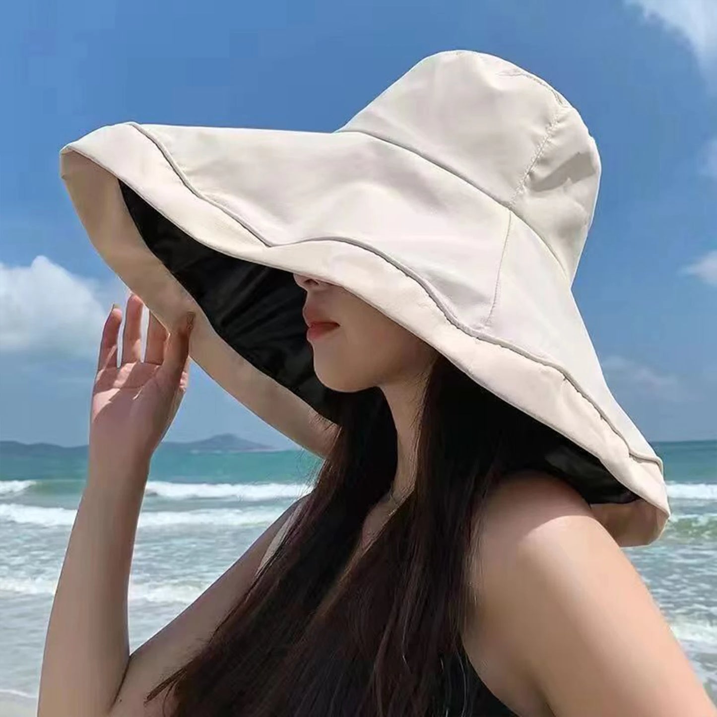 Ladies Sun Protect Hat For Beach 13cm Large Brim With Styling Aluminum Wire Sun Hat With Cover Uv Block Ladies Summer Peaceful Pleasures Health and Wellness Beige