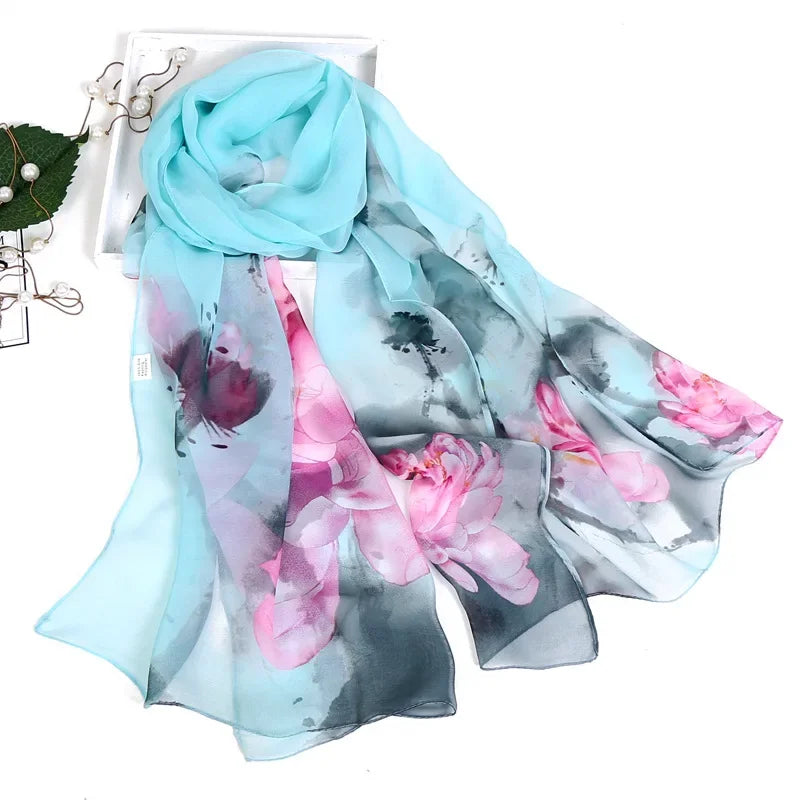 Women's Ink Lotus Chiffon Scarf – Lightweight Floral Print