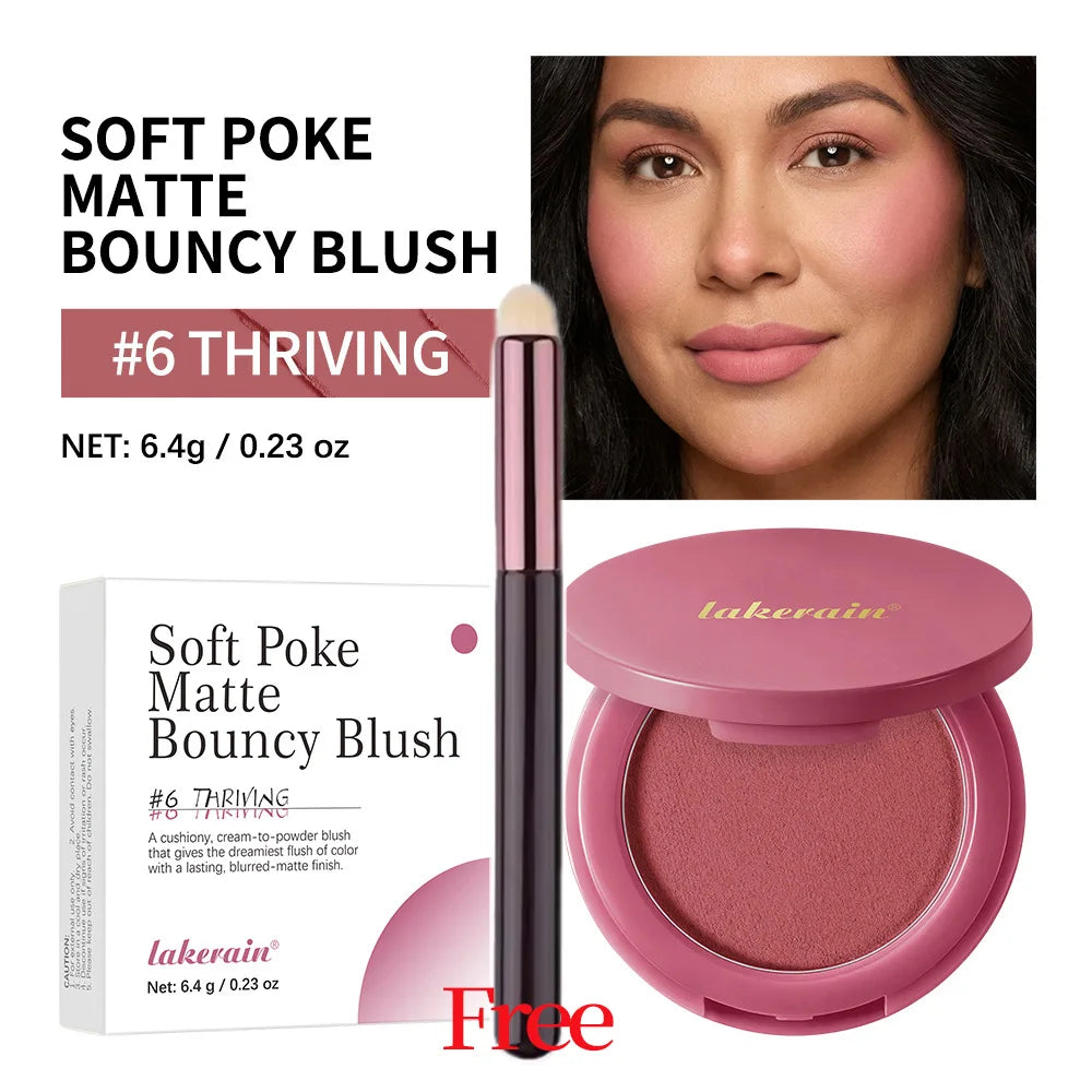 Soft Poke Bouncy Blush&Free Brush Soft Velvety Matte Finish Nude Makeup Monochrome Beginner Women's Blush Palette Cosmetic Peaceful Pleasures Health and Wellness 06 Thriving