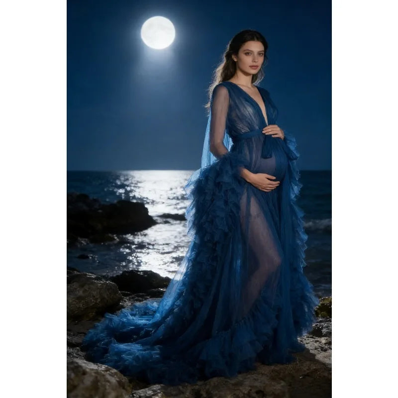Photoshoot-Ready Tulle Maternity Gown - Puffy Ruffles, Bridal Style, Long Lingerie Dressing Robe for Pregnancy Peaceful Pleasures Health and Wellness