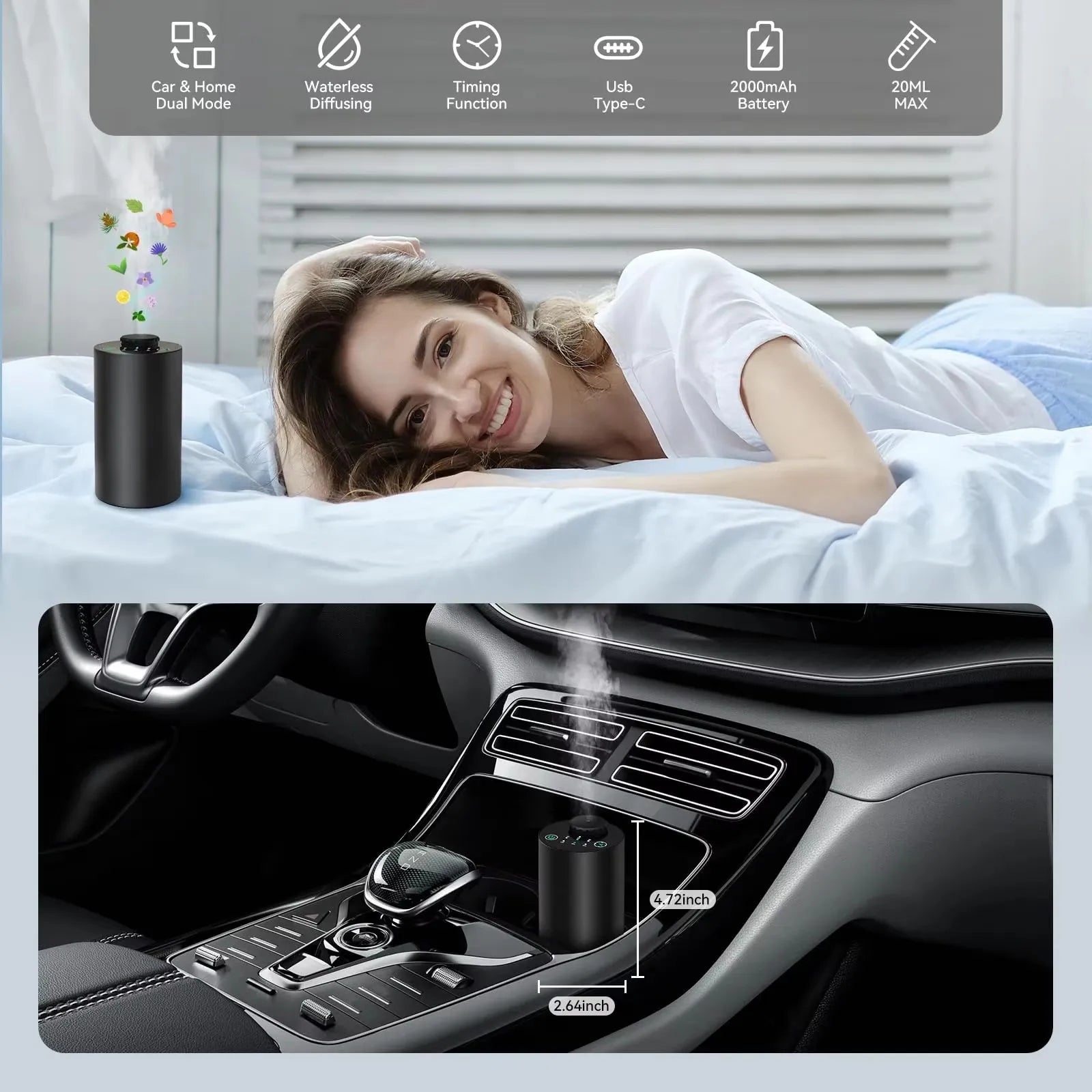 Waterless Essential Oil Diffuser Ultrasonic Aromatherapy Battery Operated Aroma Diffuser with Timed 3 Mist Levels car Diffuser Peaceful Pleasures Health and Wellness