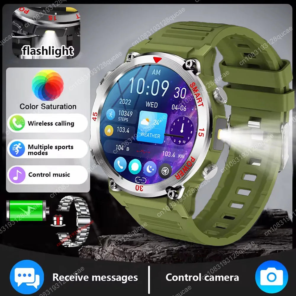 Smartwatch Military Men 360*360 HD Screen Flashlight Health Monitoring Waterproof Heart Rate BT Call Smart Watch For Android IOS Peaceful Pleasures Health and Wellness Green Wh-Steel