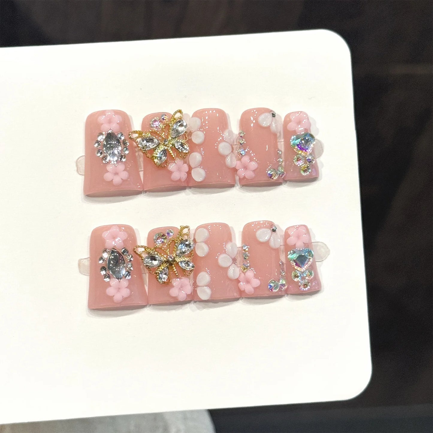Handmade Press-On Nails Short Duck Tip Pink Floral Rhinestone 3D Press-On Nails Peaceful Pleasures Health and Wellness