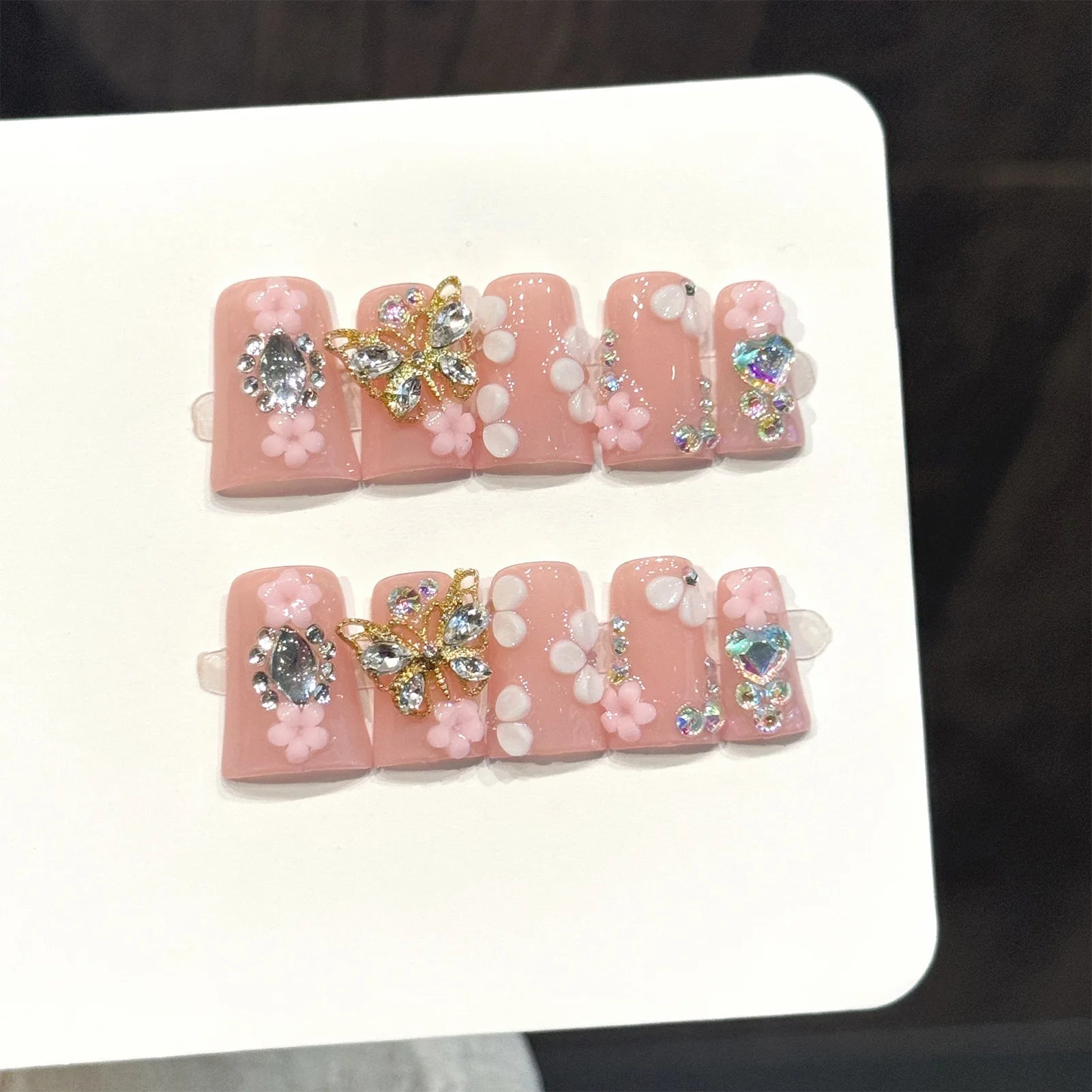 Handmade Press-On Nails Short Duck Tip Pink Floral Rhinestone 3D Press-On Nails Peaceful Pleasures Health and Wellness