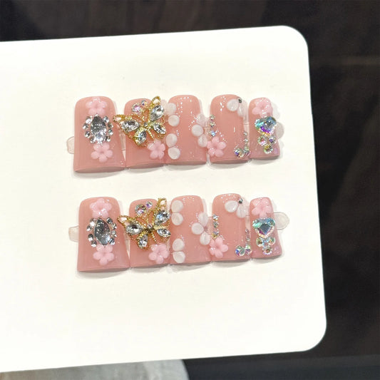 Handmade Press-On Nails Short Duck Tip Pink Floral Rhinestone 3D Press-On Nails Peaceful Pleasures Health and Wellness