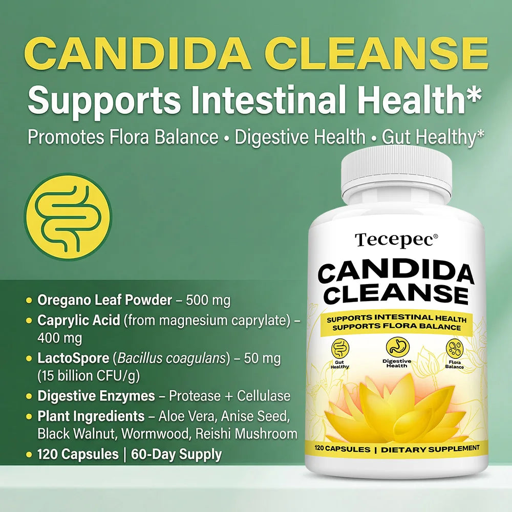 Candida Cleanse Capsules - Intestinal Colon Detox Gut Flora Balance Supports Digestion Relieve Bloating Antioxidant Supplement Peaceful Pleasures Health and Wellness