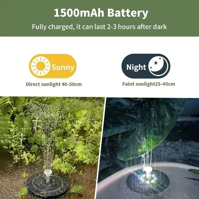 Solar Fountain 7-Color LED Lights 6 Nozzles – Bird Bath Garden