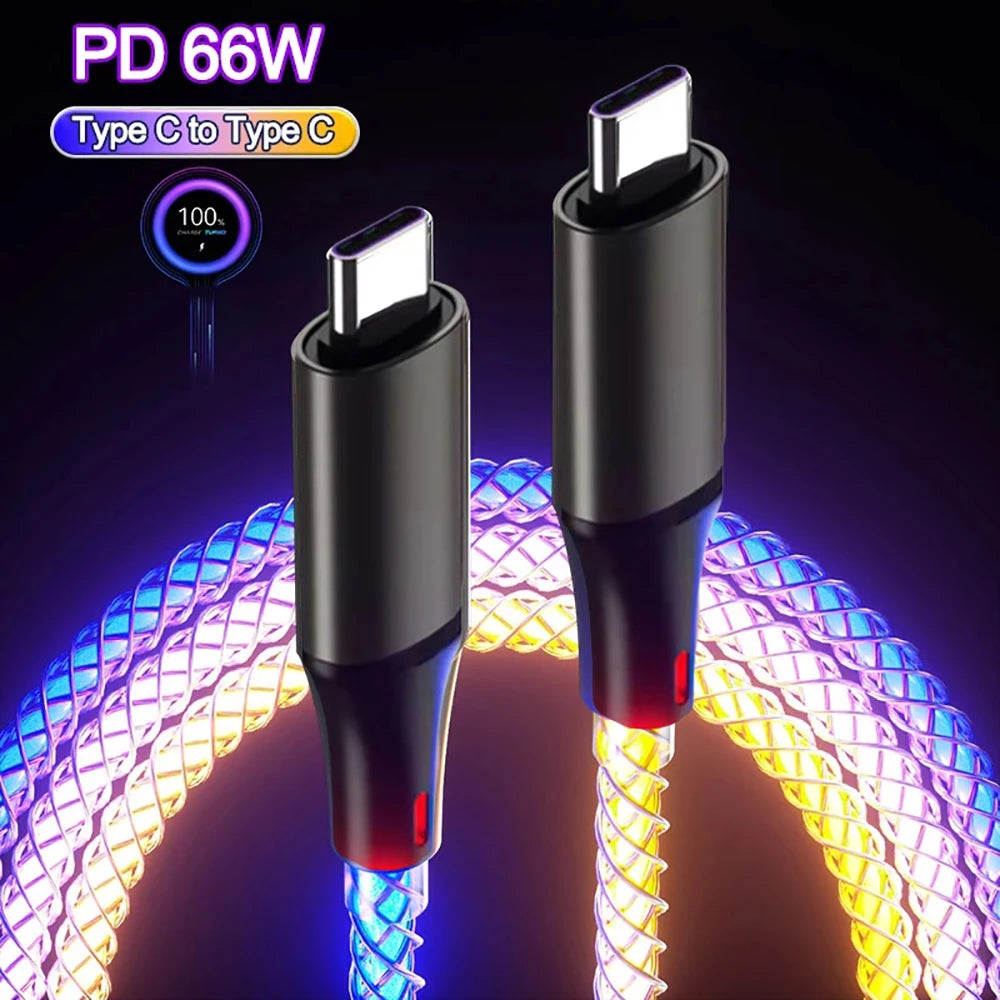 66W 6A USB-C Fast Charging Cable RGB LED Nylon Braided