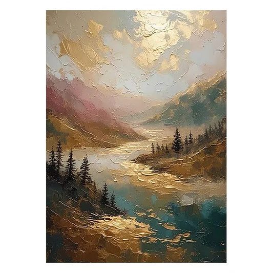 Modern Wall Art Home Decoration Gold Foil Scenery Mural Pure Hand Drawn Oil Painting Living Room Bedroom Porch Hanging Poster Peaceful Pleasures Health and Wellness no frame 60cmx80cm