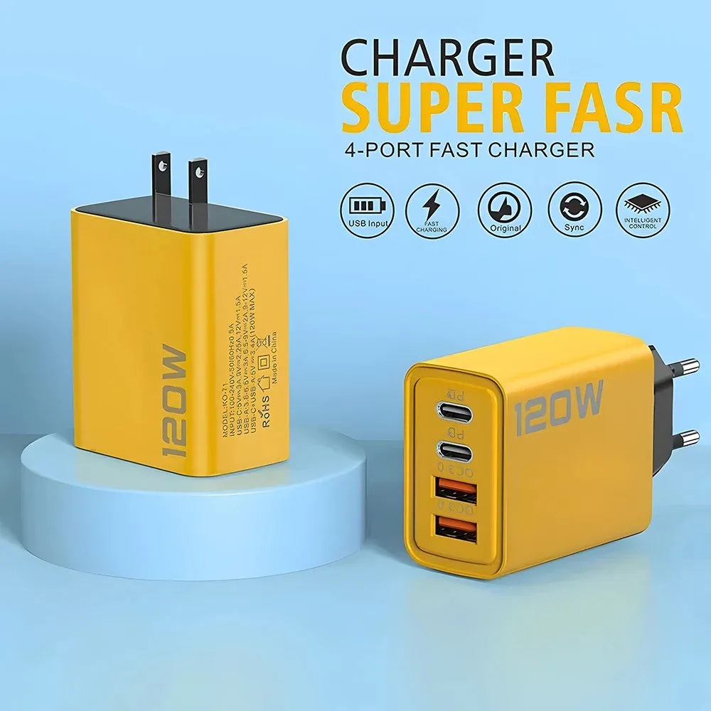 120W 4-Port USB-C Fast Charger PD 3.0 | EU US UK Wall Adapter