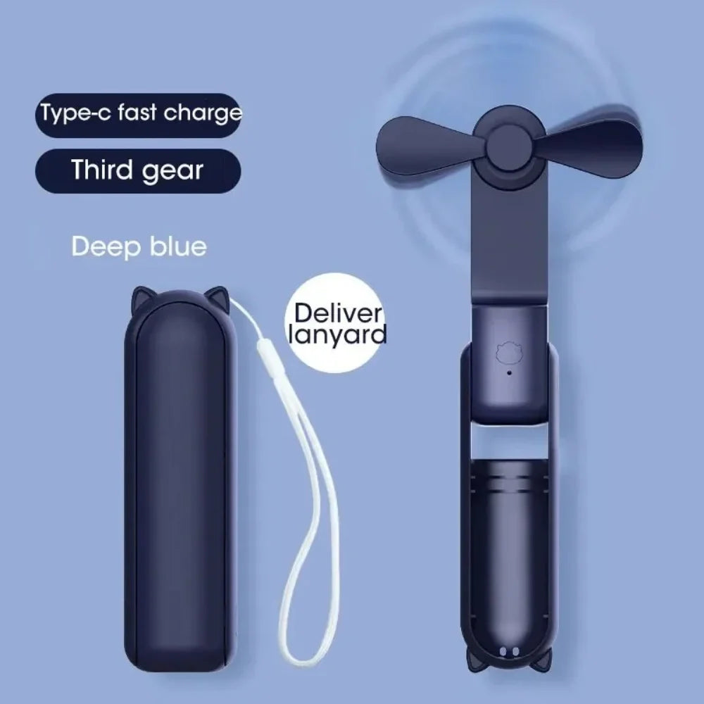 3-in-1 Foldable Mini Handheld Fan – USB Rechargeable Power Bank