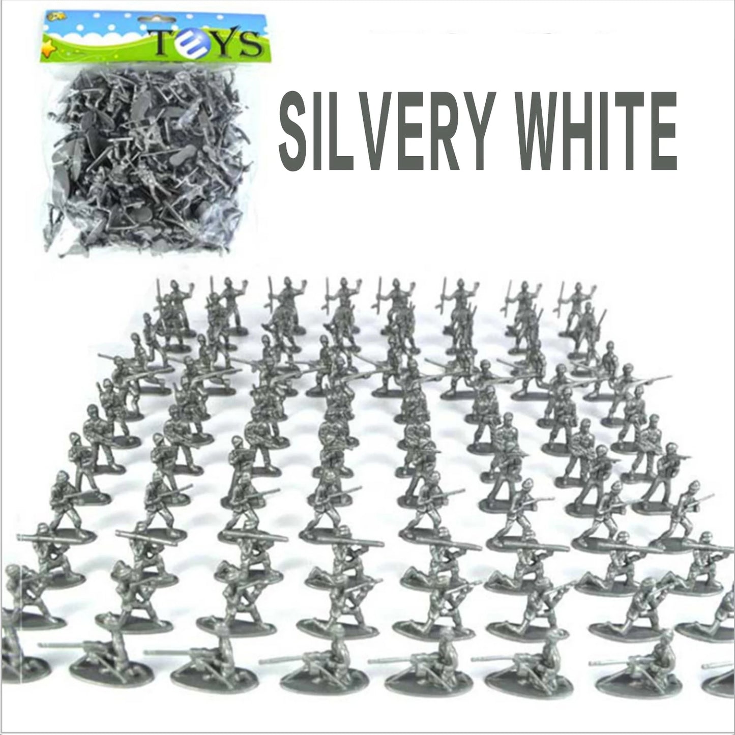 Military Battle Group Bucket 3 Colors Optional Toy Army Soldiers in 12 Designs for Kids Boys and Girls Peaceful Pleasures Health and Wellness Silver White