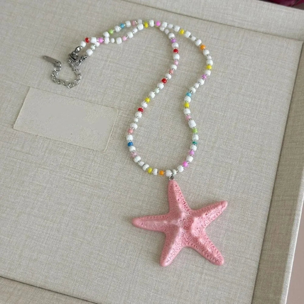 Bohemian Starfish Beaded Necklace | Colorful Beach Jewelry Pendant Necklace Peaceful Pleasures Health and Wellness Pink