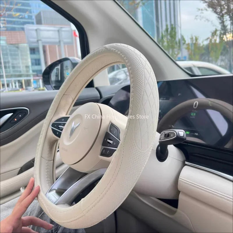 Napa Leather Perforated Steering Wheel Cover, Non-slip & Breathable, Universal 15 Inch Patchwork Design for Cars, SUVs, Trucks Peaceful Pleasures Health and Wellness