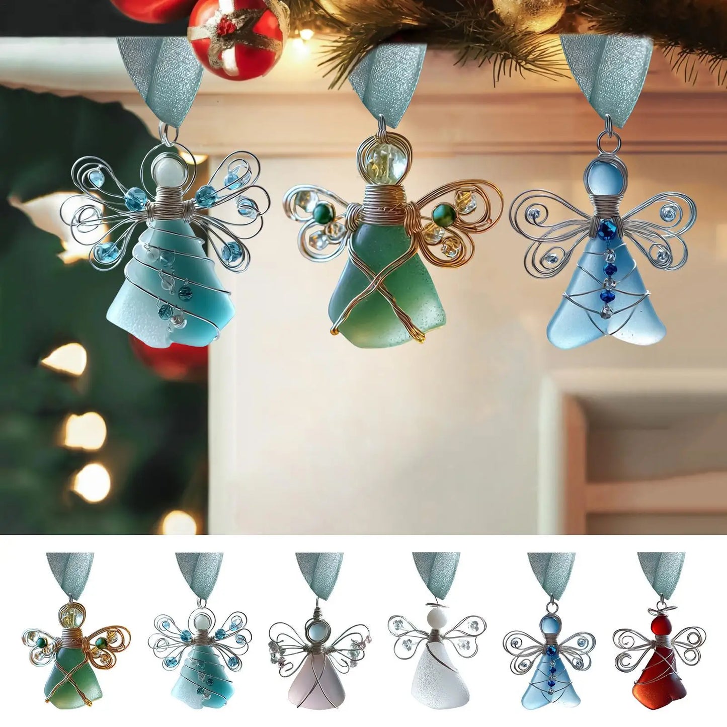 Sea Glass Ornaments 6 Pieces Angel Pendant 2D Acrylic Christmas Tree Ornament for Workplace Living Room Kitchen Entryway Peaceful Pleasures Health and Wellness