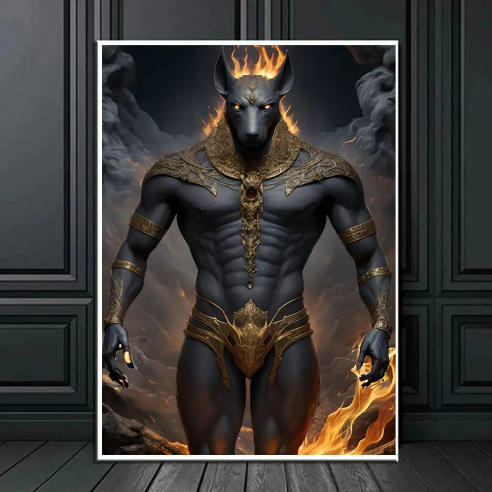 Ancient Egyptian Fantasy Mythology The God Anubis Golden Portrait Posters Print Canvas Painting Wall Art Picture Room Home Decor Peaceful Pleasures Health and Wellness