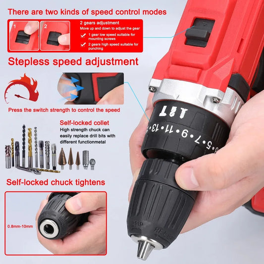 21V Cordless Lithium Drill 25 Gears Torque 2 Speed Stepless Brush Motor Forward Reverse Electric Drill Peaceful Pleasures Health and Wellness