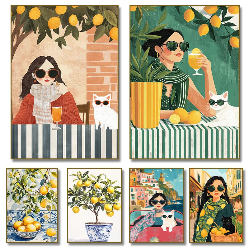 Italian Summer Woman Aperol & Lemon Tree Watercolor Canvas Art