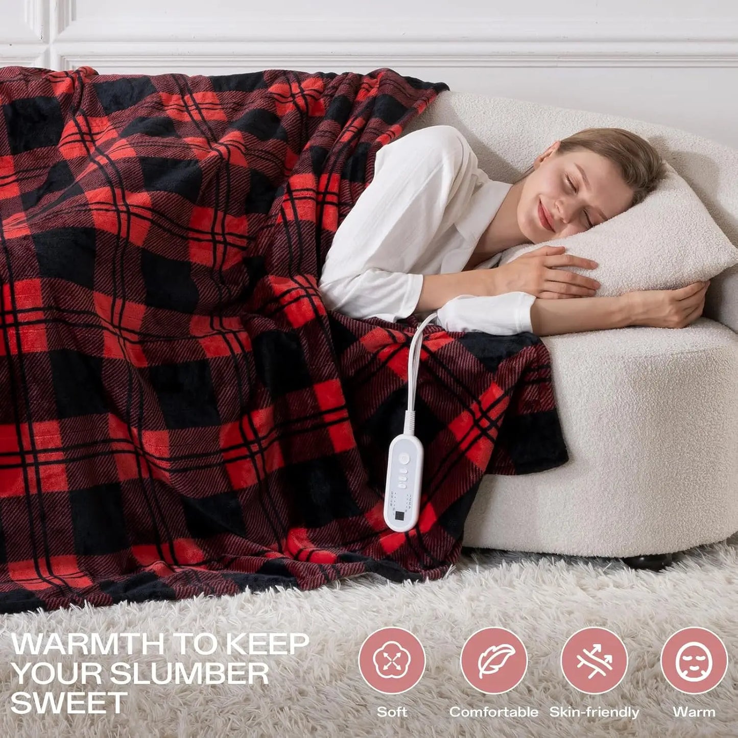 Twin Electric Heated Blanket – 240GSM Flannel & Sherpa, 8 Levels, Red Black Plaid Peaceful Pleasures Health and Wellness