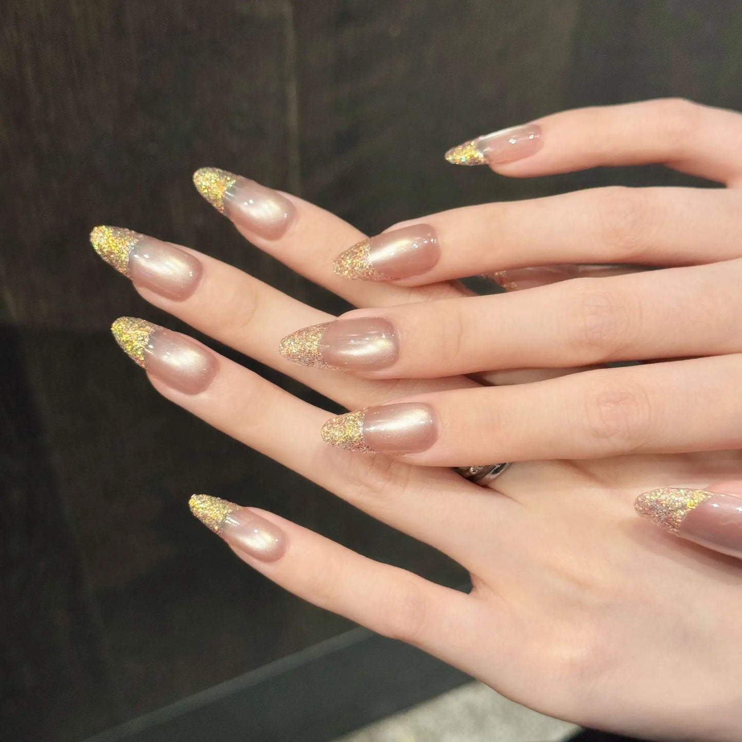 Glitter Cat Eye Press On Nails | Short French Diamond Tips 10pc
