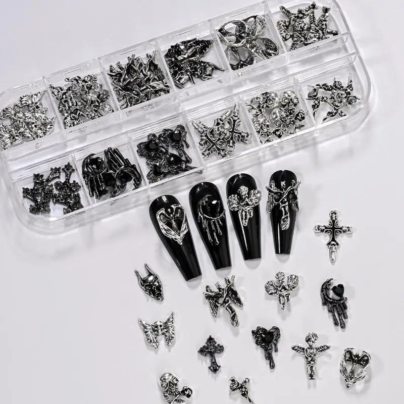12Grid Vintage Cross Nail Art Charms Y2k Metal Style Alloy Cross Skeleton Angel Nail Decorations Accessories Peaceful Pleasures Health and Wellness