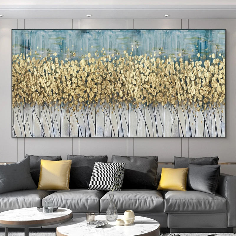 Abstract Leaves Oil Painting Print On Canvas Texture Golden and Silver Trees Wall Art Modern Home Decor Living Room Wall Decor Peaceful Pleasures Health and Wellness black golden-11 50x100cm