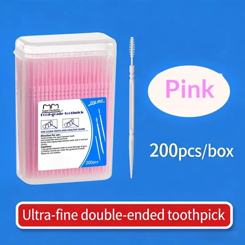 High-end Disposable Toothpick Brush 200pcs Ultra-fine Portable Family Box Double-head Sticks Toothpick Peaceful Pleasures Health and Wellness Pink