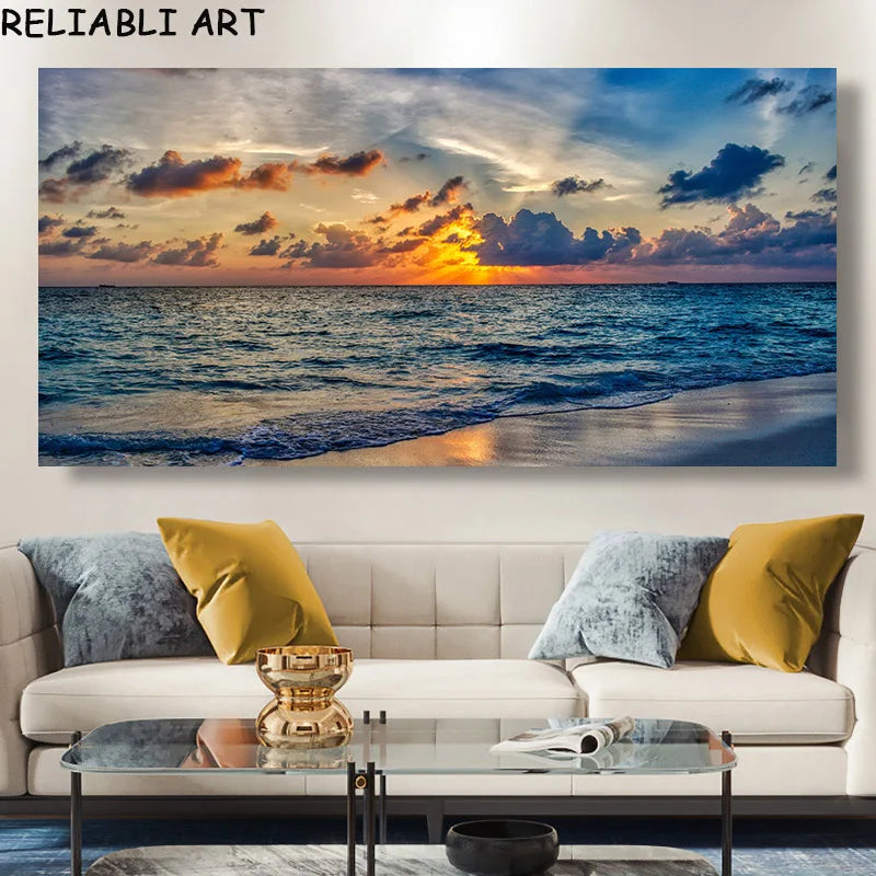 Modern Large Size Landscape Poster Wall Art Canvas Painting Sunset Beach Picture For Living Room Bedroom Home Decor No Frame Peaceful Pleasures Health and Wellness