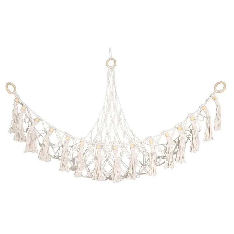 Triangle Wall Hanging Toy Net Pouch Children Room Storage Organizer Knitted Plush Toy Hammock Net Peaceful Pleasures Health and Wellness White 106x106x132