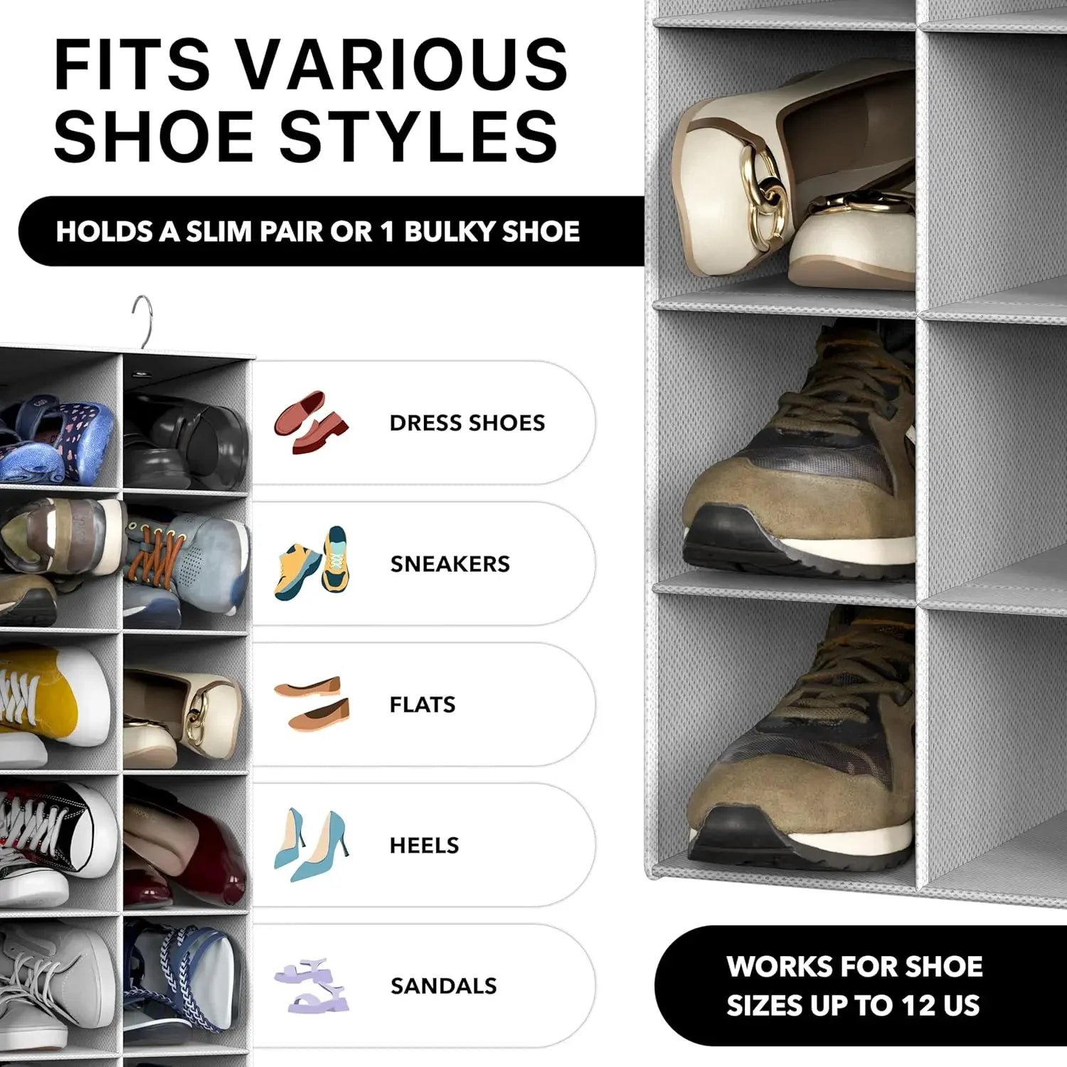 20-Section Hanging Shoe Organizer for Closet, Gray - Space-Saving Storage Solution Peaceful Pleasures Health and Wellness
