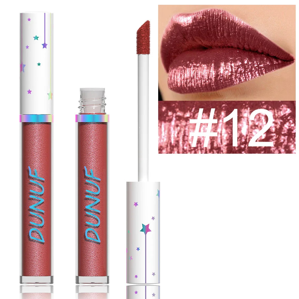 12-Color Metallic Glitter Lip Gloss | Diamond Pearlescent Lip Glaze