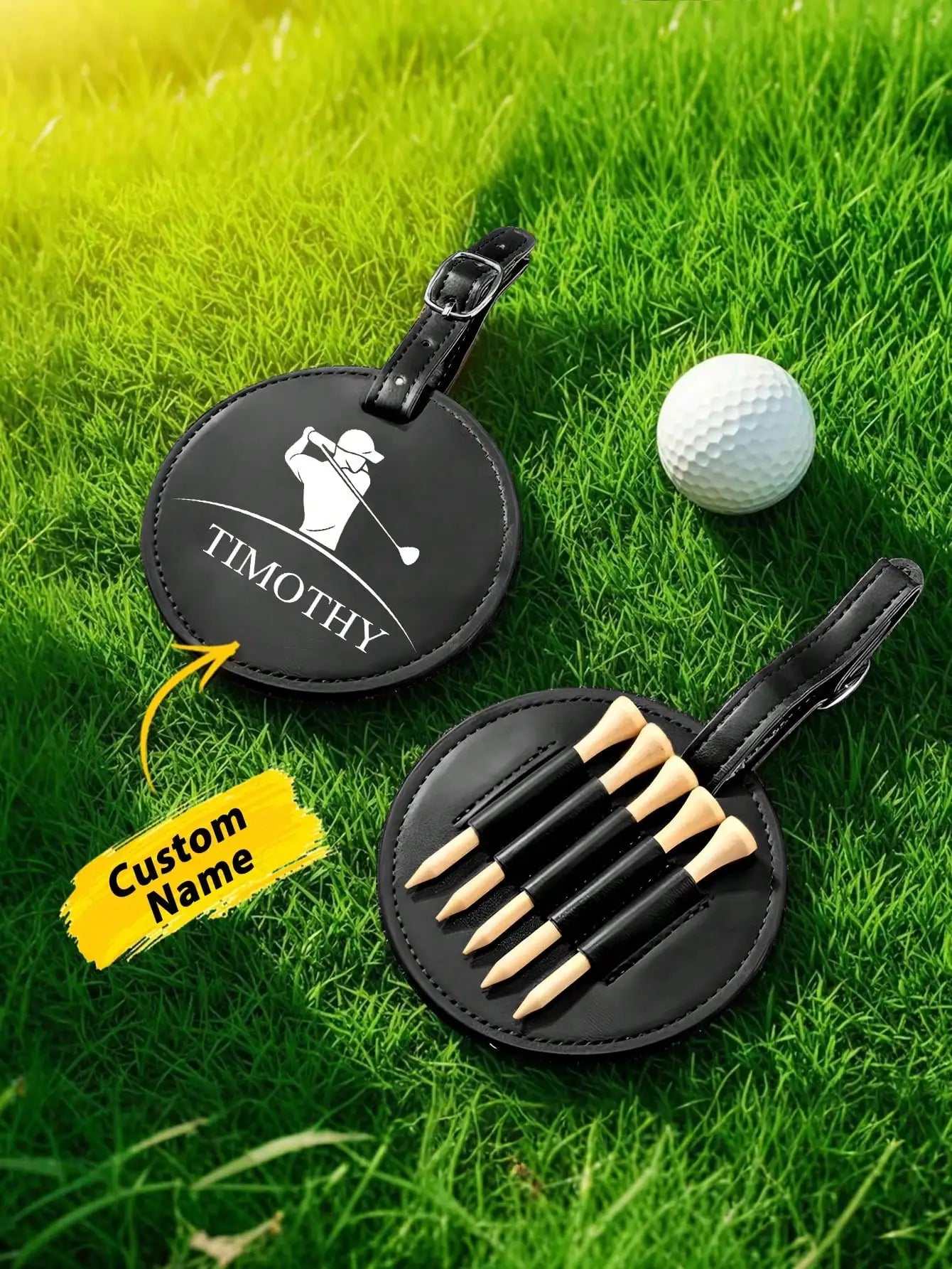 Custom Name Leather Golf Bag Tag Golf Tee Holder Personalized Golf Gift for Dad Boyfriend Groomsman Black Brown Golf Accessories Peaceful Pleasures Health and Wellness Black One Size
