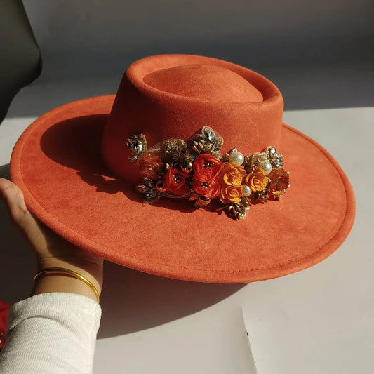 Vegan Suede Fedora Hat | Rhinestone Wide Brim Pork Pie Wide Brim Fedora Hat Peaceful Pleasures Health and Wellness 17 M55-58cm