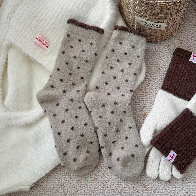 Fashion Autumn Winter Warm Thick Floor Socks with Velvet Dots Australian Fleece Home Cute Confinement Socks Versatile Floor Sox Peaceful Pleasures Health and Wellness Khaki One Size