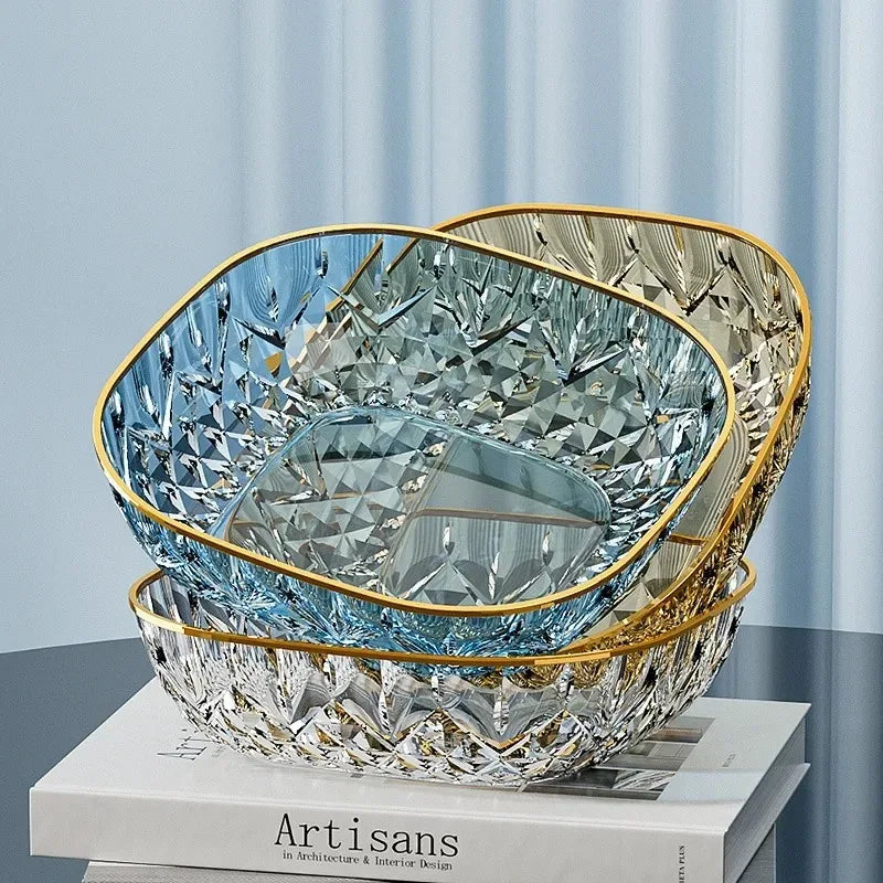 New Household Fruit Bowl Salad Dessert Biscuit Plate Plastic Square Transparent Tray Golden Edge Snack Plates Tableware Peaceful Pleasures Health and Wellness
