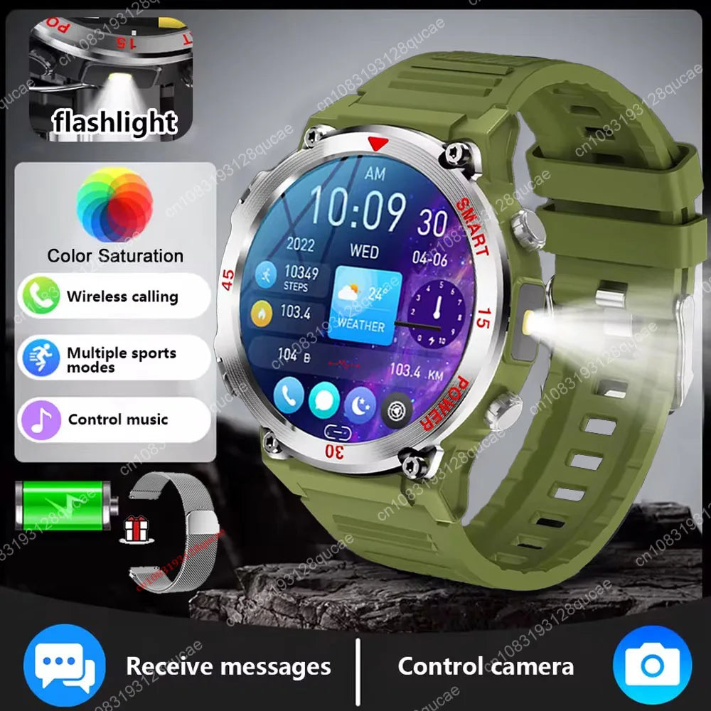 Smartwatch Military Men 360*360 HD Screen Flashlight Health Monitoring Waterproof Heart Rate BT Call Smart Watch For Android IOS Peaceful Pleasures Health and Wellness Green Wh-Milan