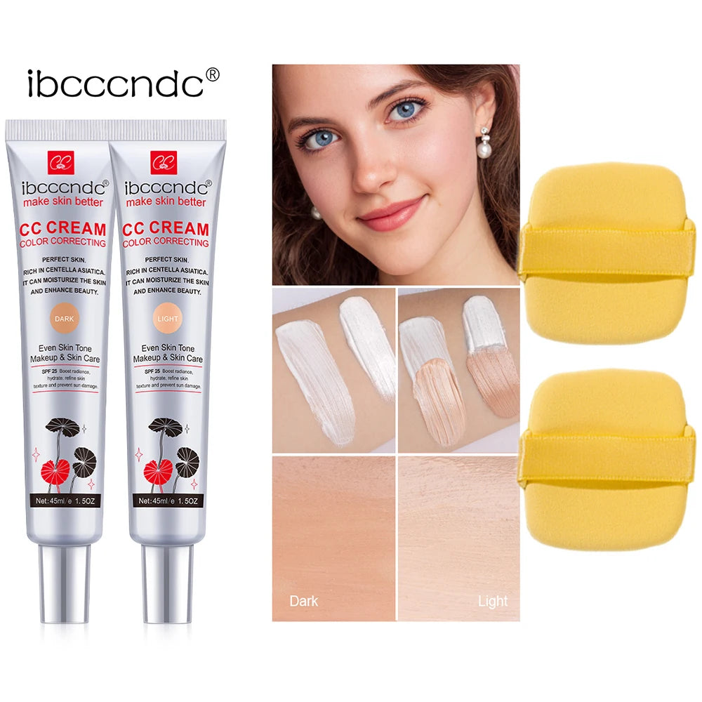 45ml Color Correcting CC Cream & Free Puff Centella Asiatica Repair BB Cream Concealer Whitening Liquid Foundation Cosmetics Peaceful Pleasures Health and Wellness 2pcs Free Puff