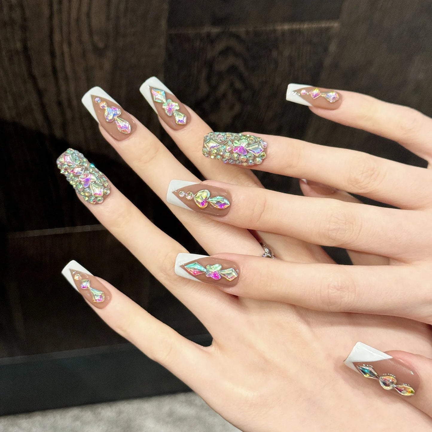 Coffin Press On Nails – Brown Rhinestone French Tips | 10pcs