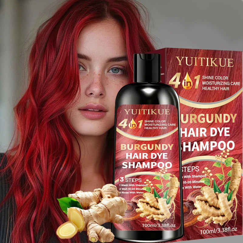 YUITIKUE 4 IN 1 Burgundy Hair Dye Shampoo Natural Ginger Herbal Long Lasting Moisturizing Hair Color Shampoo 100ml Peaceful Pleasures Health and Wellness