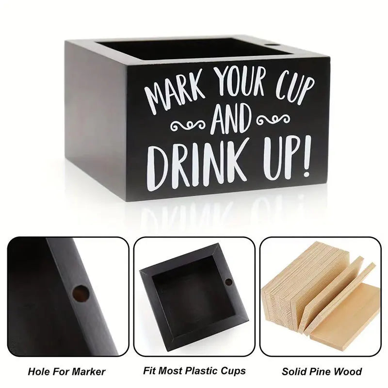 Party Cups Holder with Marker Slot Mark Your Cup and Drink Up Dispenser Wooden Cup Organizer Bar Wedding Party Peaceful Pleasures Health and Wellness