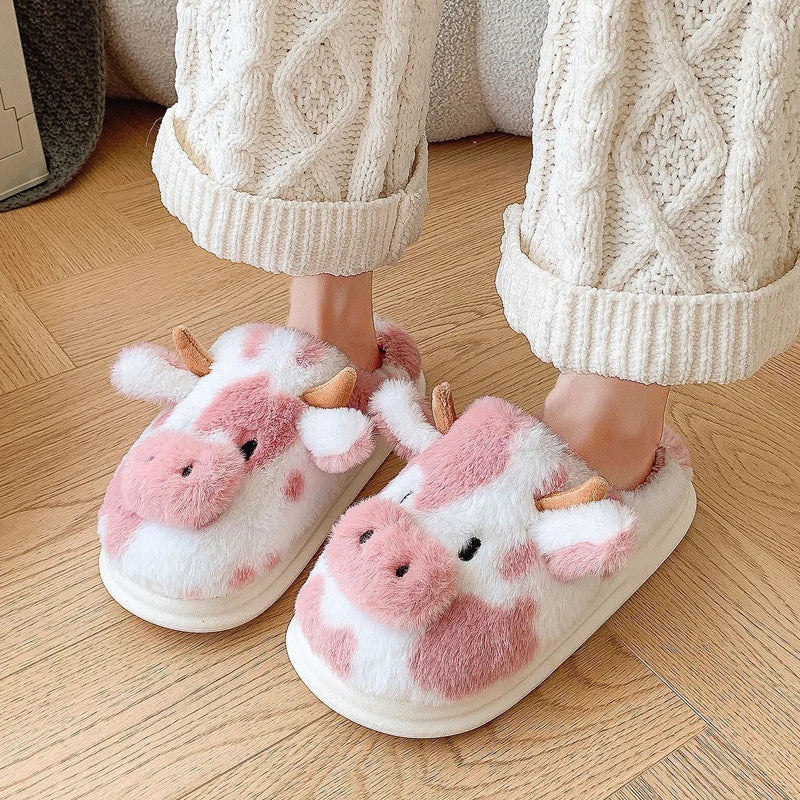 Women's Cow Plush Slippers – Closed Toe Non-Slip Fuzzy House Shoes